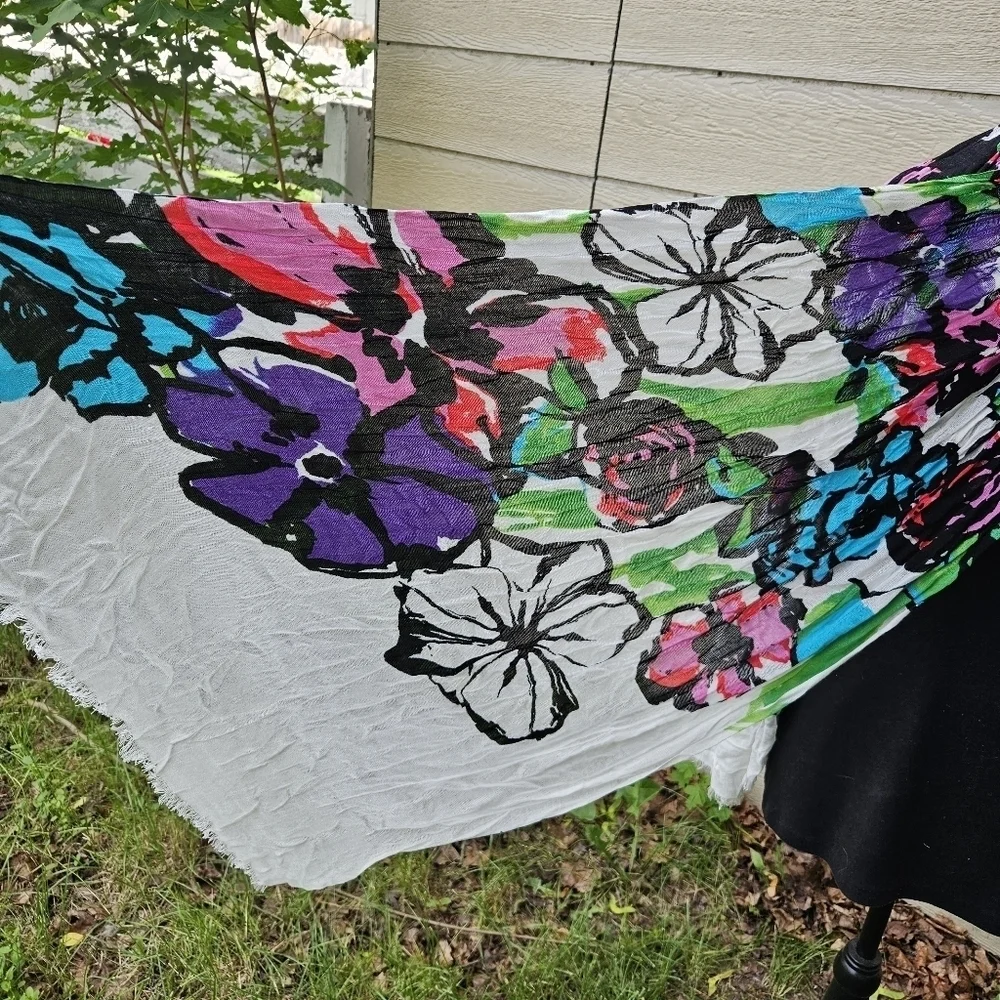 lightweight white scarf with bright flowers green blue pink purple